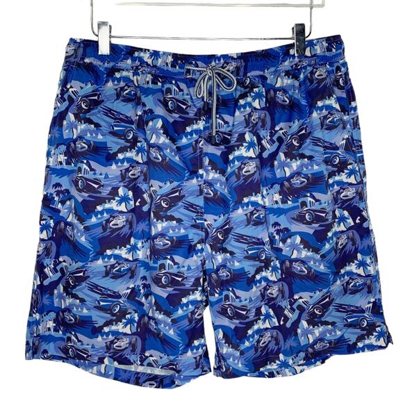 Peter Millar XL Mens Seaside Classic Cars Swim Trunks Novelty Print Blue Preppy - Picture 1 of 8